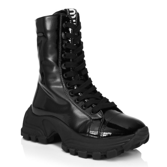 Miu Miu Naplak Tech Black Patent Leather Platform Lace Up Combat Moto Boot 36.5 - Picture 7 of 15